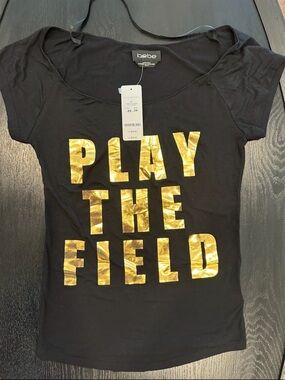 bebe Black Tee with Gold Metallic 'PLAY THE FIELD' Graphic